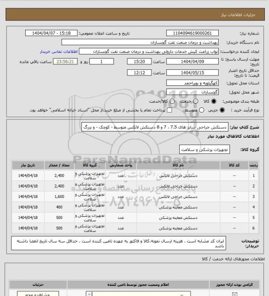 استعلام دستکش جراحی سایز های 7.5 ، 7 و 8 
دستکش لاتکس متوسط - کوچک - و بزرگ