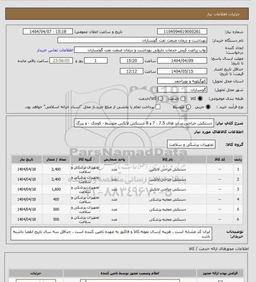 استعلام دستکش جراحی سایز های 7.5 ، 7 و 8 
دستکش لاتکس متوسط - کوچک - و بزرگ