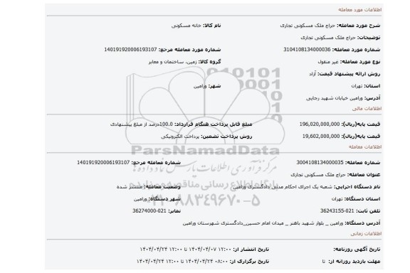 مزایده، حراج ملک مسکونی تجاری