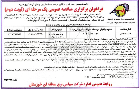 مناقصه خرید سیم هادی پرظرفیت هاوک نوبت دوم 