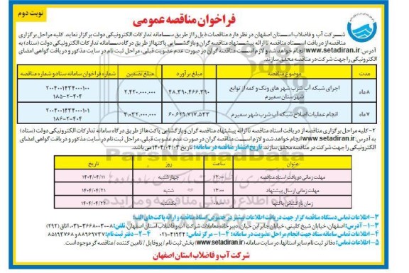 مناقصه عمومی اجرای شبکه آب شرب شهرهای...- نوبت دوم