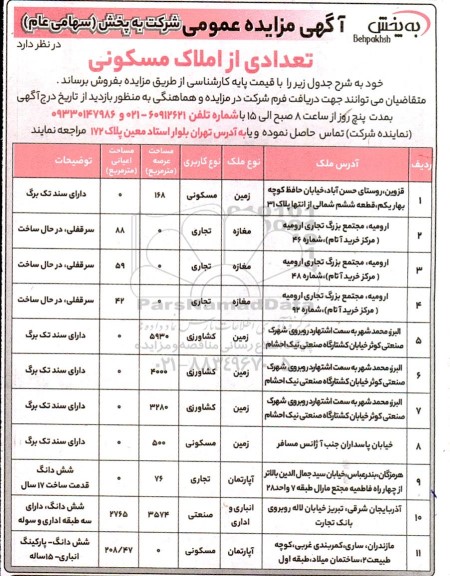 مزایده فروش املاک مسکونی