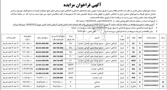 مزایده واگذاری تعدادی قطعه زمین خدماتی و کارگاهی