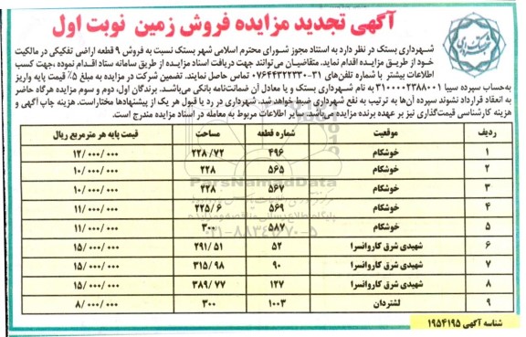 مزایده فروش 9 قطعه اراضی تفکیکی