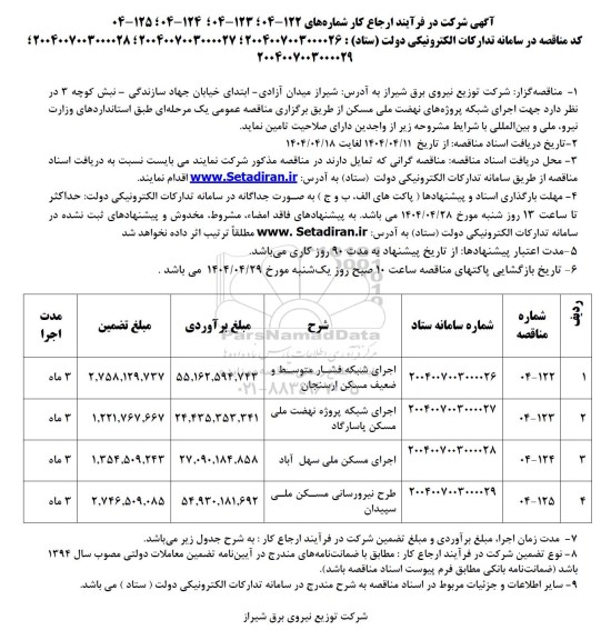 مناقصه اجرای شبکه فشار متوسط و ضعیف مسکن ...