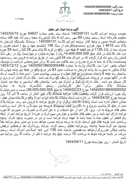 مزایده یک دستگاه آپارتمان به پلاک ثبتی 4610 فرعی از سنگ 145 اصلی 