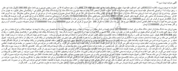 مزایده سه دانگ مشاع از شش دانگ عرصه و اعیانی پلاک به شماره ثبتی 24 فرعی از14 اصلی مفروز و مجزی شده از دو فرعی از اصلی