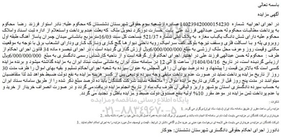 مزایده شش دانگ یکباب مغازه به پلاک ثبتی شماره 521/37