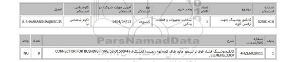 استعلام کانکتور بوشینگ جهت ترانس کوره