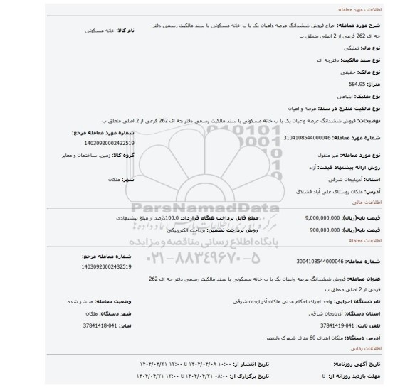مزایده، فروش ششدانگ عرصه واعیان یک با ب خانه مسکونی با سند مالکیت رسمی دفتر چه ای 262 فرعی از 2 اصلی متعلق ب