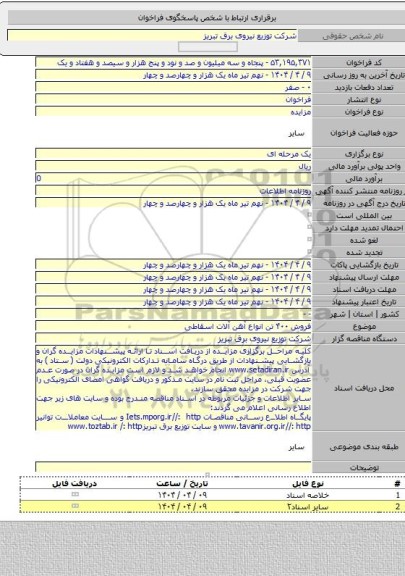 مزایده, فروش ۴۰۰ تن انواع آهن آلات اسقاطی