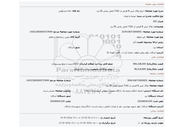مزایده، پلاک ثبتی 8 فرعی از 7161 اصلی بخش 20 یزد