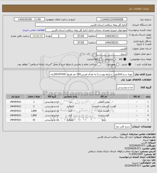 استعلام تهیه سبدکالا(طبق شرایط پیوست) به تعداد تقریبی230 نفر هرنفر 55197400ریال