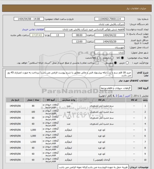 استعلام خرید 18 قلم سم و بذر/ ارائه پیشنهاد فنی و مالی مطابق با شرح پیوست الزامی می باشد/ پرداخت به صورت اعتباری 45 روز می باشد