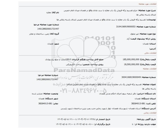 مزایده، تقسیم ترکه فروش یک باب مغازه با سند عادی واقع در همدان میدان امام خمینی ابتدای راسته زغالی ها