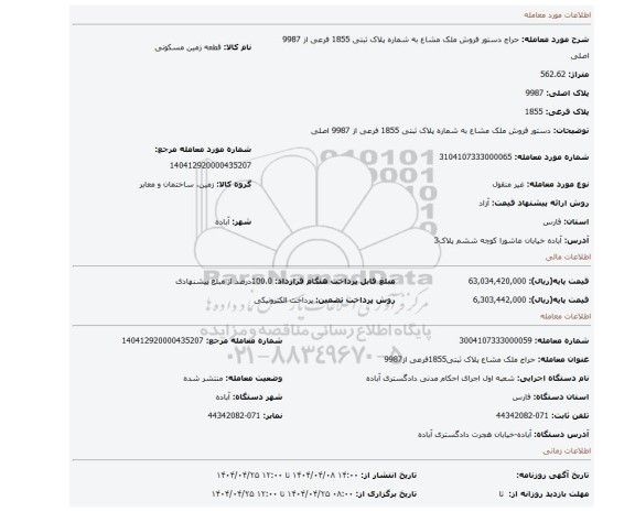 مزایده،  دستور فروش ملک مشاع به شماره پلاک ثبتی 1855 فرعی از 9987 اصلی