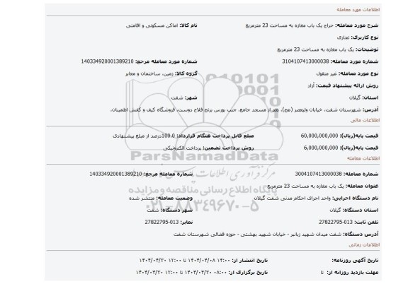 مزایده، یک باب مغازه به مساحت 23 مترمربع
