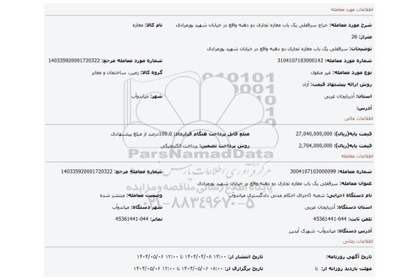 مزایده، سرقفلی یک باب مغازه تجاری دو دهنه واقع در خیابان شهید پورمرادی