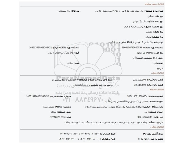 مزایده، پلاک ثبتی 12 فرعی از 4769 اصلی بخش 20 یزد