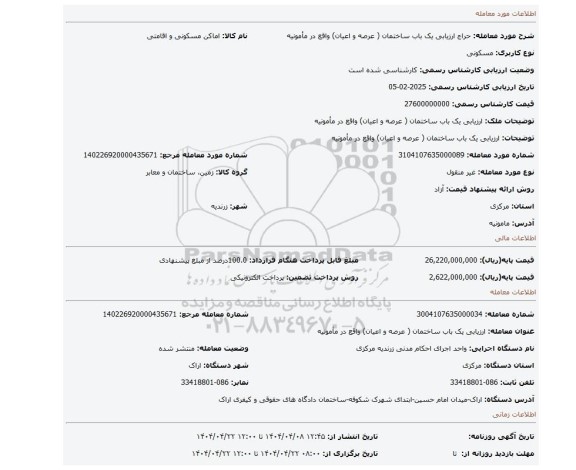 مزایده، ارزیابی یک باب ساختمان ( عرصه و اعیان) واقع در مأمونیه