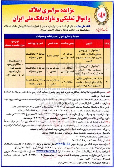 مزایده سراسری فروش املاک و اموال تملیکی و مازاد