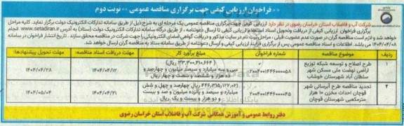 فراخوان ارزیابی کیفی مناقصه طرح اصلاح و توسعه شبکه توزیع اراضی نهضت ملی مسکن ... نوبت دوم