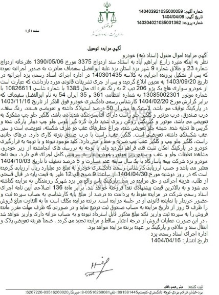 مزایده فروش سواری هاچ بک پژو 206