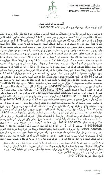 مزایده فروش ششدانگ یک قطعه آپارتمان مسکونی نوع ملک طلق با کاربری به پلاک ثبتی 33513 فرعی از 163 اصلی
