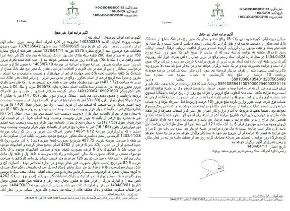 مزایده ششدانگ یک قطعه ساختمان پلاک ثبتی چهارده فرعی از چهارهزار و دویست و شصت و سه اصلی