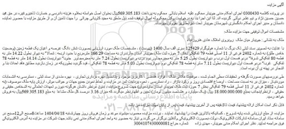 مزایده شش دانگ عرصه و اعیان یک قطعه زمین (وضعیت خاص طلق) به شماره 2402 فرعی از 11 اصلی قطعه 79 تفکیکی