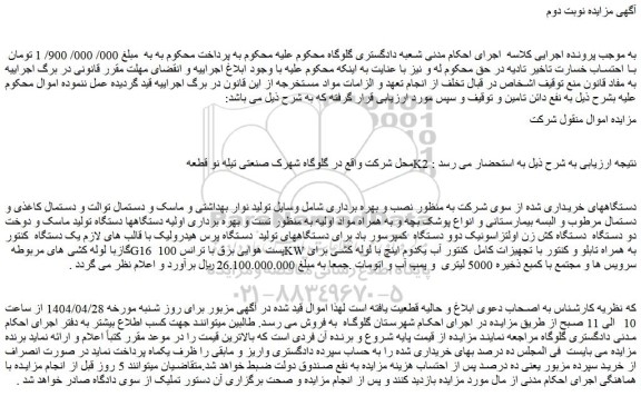 مزایده دستگاه شامل وسایل تولید نوار بهداشتی و ماسک و دستمال توالت و....