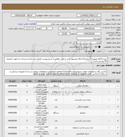 استعلام خرید 9 قلم تجهیزات آشپزخانه/ ارائه پیشنهاد فنی و مالی مطابق با شرح پیوست الزامی می باشد/ پرداخت به صورت اعتباری 45 روز می باشد
