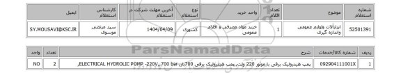 استعلام ابزارآلات ولوازم عمومی واندازه گیری