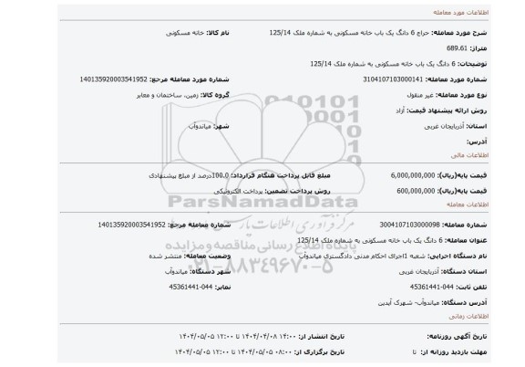 مزایده، 6 دانگ یک باب خانه مسکونی به شماره ملک 125/14