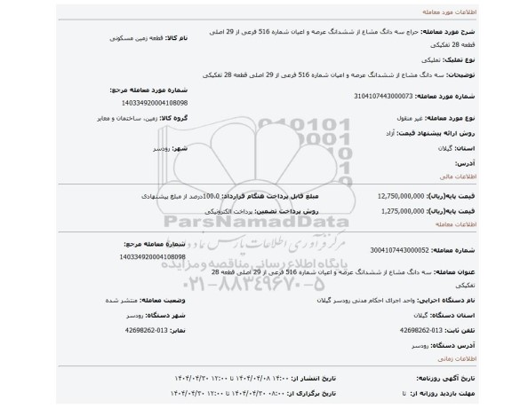 مزایده، سه دانگ مشاع از ششدانگ عرصه و اعیان شماره 516 فرعی از 29 اصلی قطعه 28 تفکیکی