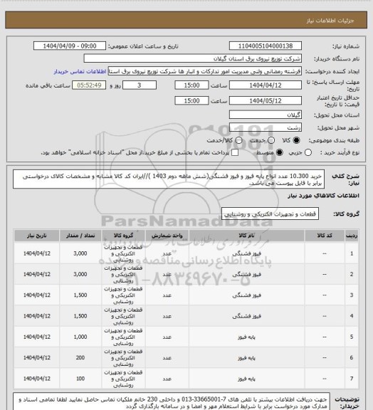 استعلام خرید 10.300 عدد انواع پایه فیوز و فیوز فشنگی(شش ماهه دوم 1403 )//ایران کد کالا مشابه و مشخصات کالای درخواستی برابر با فایل پیوست می باشد.