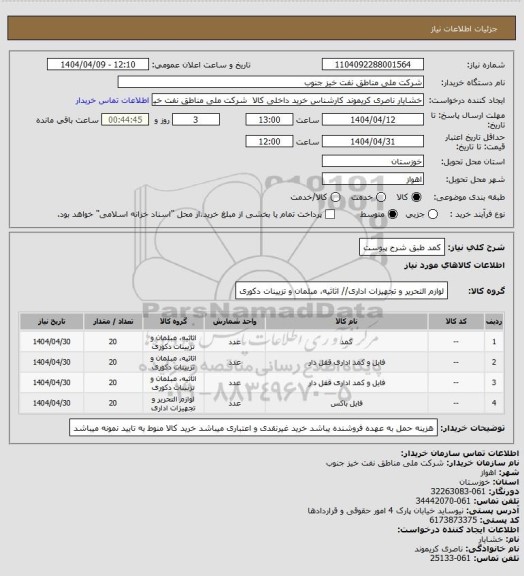 استعلام کمد طبق شرح پیوست
