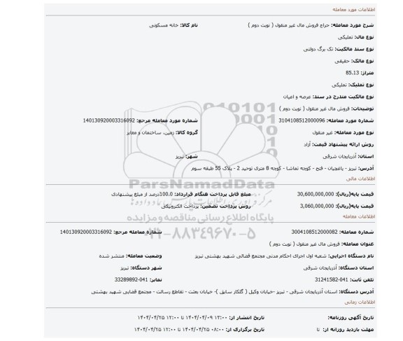 مزایده، فروش مال غیر منقول ( نوبت دوم )