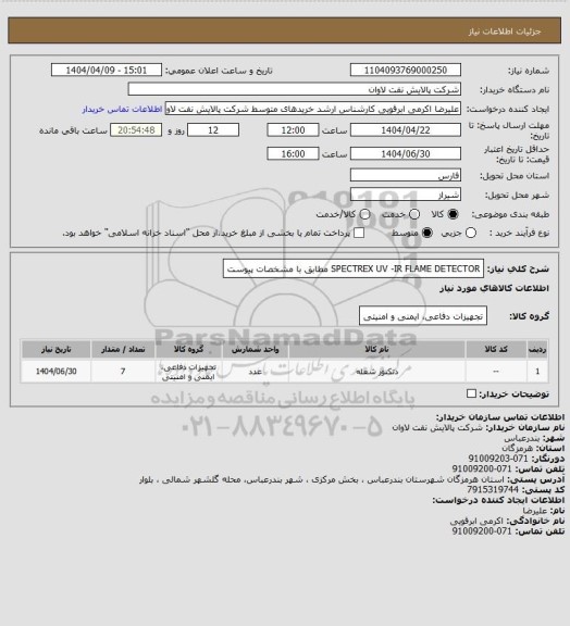 استعلام SPECTREX UV -IR FLAME DETECTOR مطابق با مشخصات پیوست
