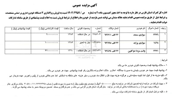 مزایده فروش و واگذاری 3 دستگاه خودرو اداری 