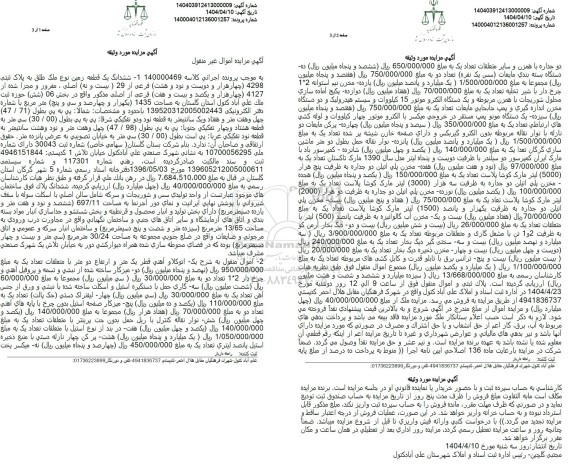  مزایده  ششدانگ قطعه زمین پلاک ثبتی 4298 فرعی