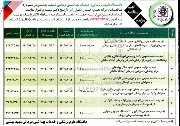 مزایده و تجدید منا قصه واگذاری حجمی خدمات کمک پرستاری....