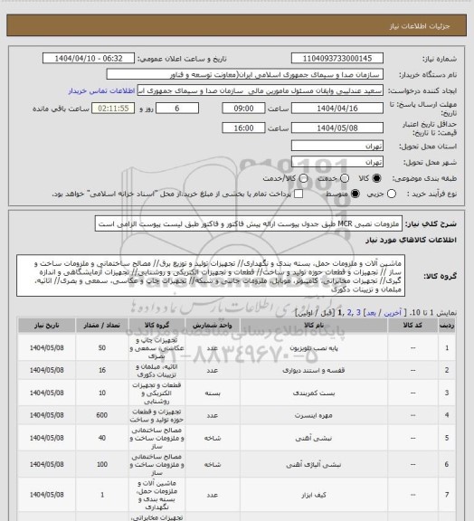 استعلام ملزومات نصبی MCR طبق جدول پیوست، سامانه تدارکات الکترونیکی دولت