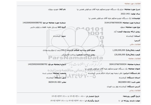 مزایده، یک دستگاه خودرو محکوم علیه آقای عبدالولی همتی نیا