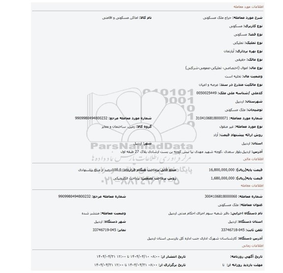 مزایده، ملک مسکونی