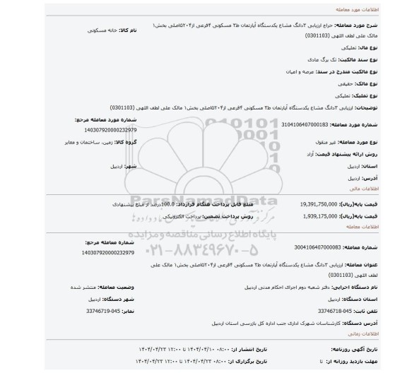 مزایده، ارزیابی ۳دانگ مشاع  یکدستگاه آپارتمان ط۳ مسکونی ۴فرعی از۵۲۰۴اصلی بخش۱ مالک علی لطف اللهی (0301103)