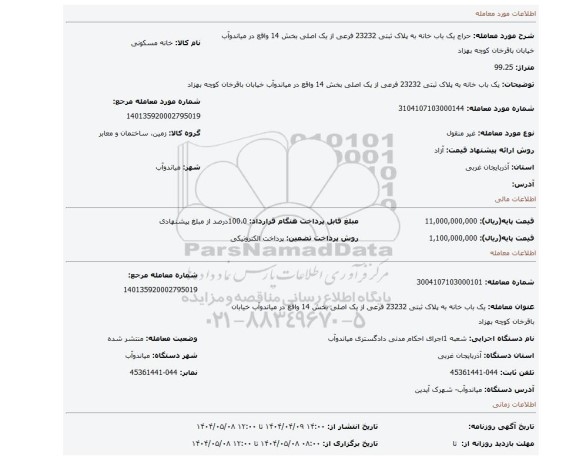 مزایده، یک باب خانه به پلاک ثبتی 23232 فرعی از یک اصلی بخش 14 واقع در میاندوآب خیابان باقرخان کوچه بهزاد