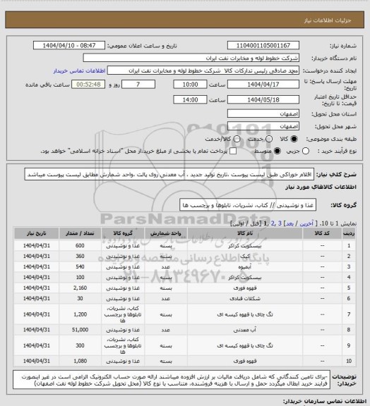 استعلام اقلام خوراکی  طبق لیست پیوست ،تاریخ تولید جدید ،  آب معدنی روی پالت ،واحد شمارش مطابق لیست پیوست میباشد