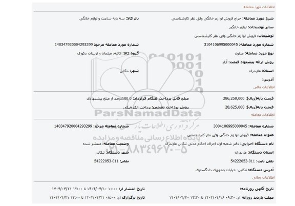مزایده، فروش لوا زم خانگی وفق نظر کارشناسی