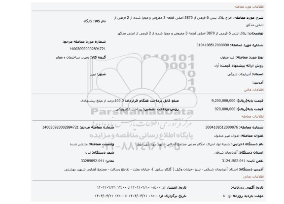 مزایده، پلاک ثبتی 6 فرعی از 3870 اصلی قطعه 3 مفروض و مجزا شده از 2 فرعی از اصلی مذکور